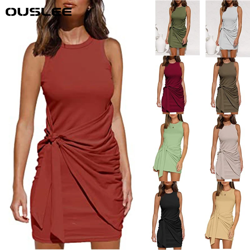 

Ouslee Spring Summer Women Irregular Dresses Casual Solid Color O-Neck Sleeveless Spaghetti Straps Mini Party Vestidos Dress