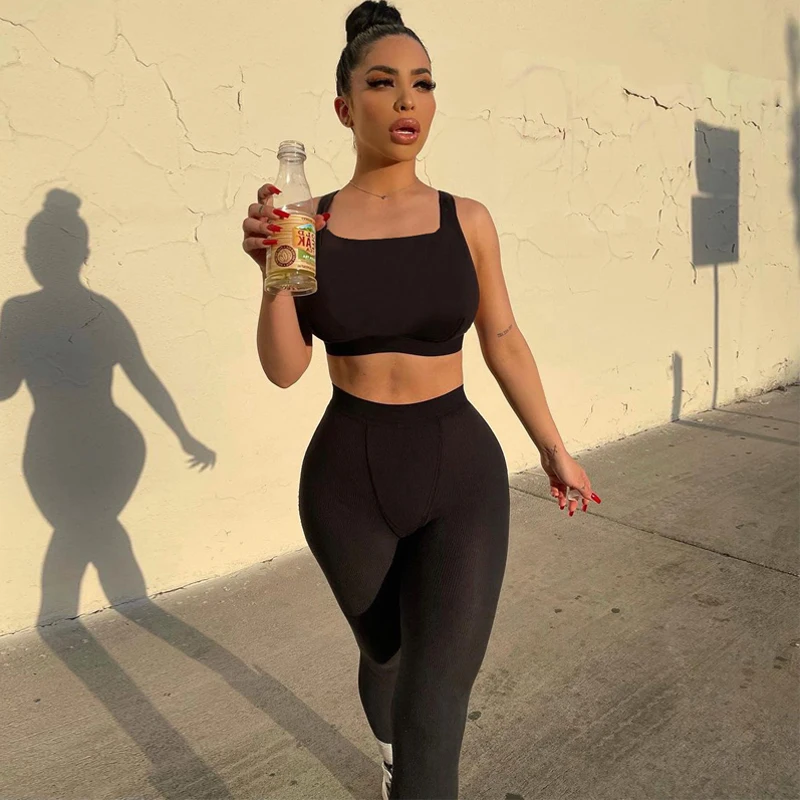 

Ribbed Knitted Women 2 Piece Set Gym Crop Top Tanks Leggings Casual Streetwear Sporty Tracksuit 2021 Summer Active Wear Suit