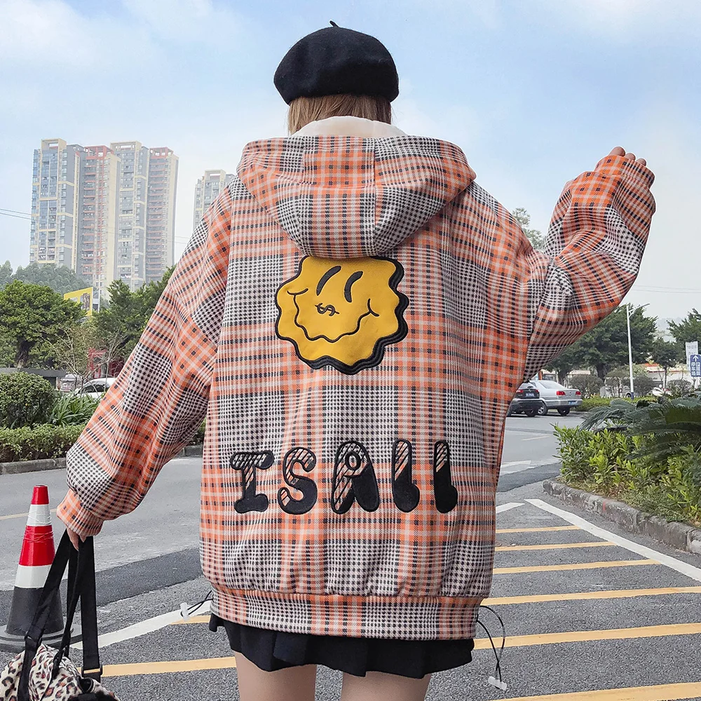 

Aolamegs Plaid Print Letter Embroidery Fleece Coat Men Zipper Hooded Thick Soft Funny Patch Winter Jacket Men Hip Hop Streetwear