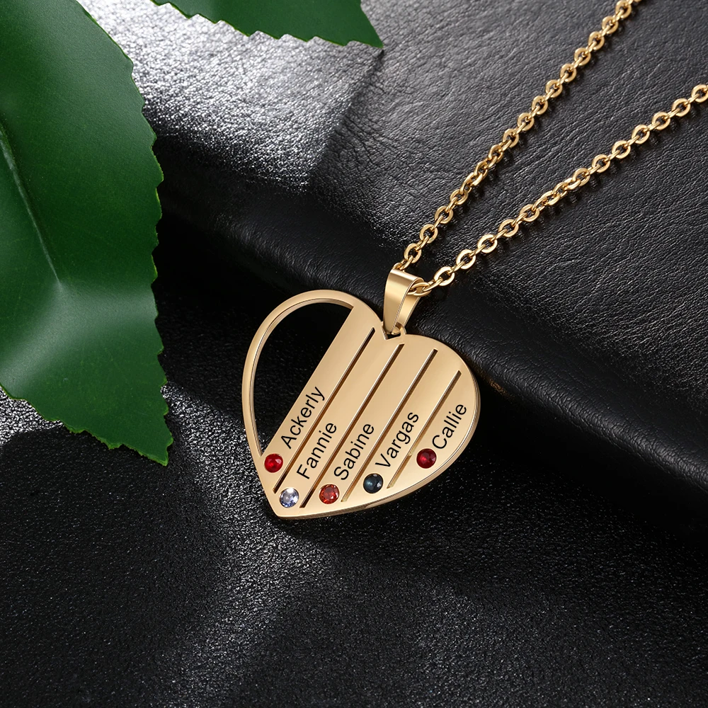 

316L Stainless Steel 5 Birthstones Heart Pedant Necklace Personalized Engraved Children Names Mother Necklace Custom Jewelry
