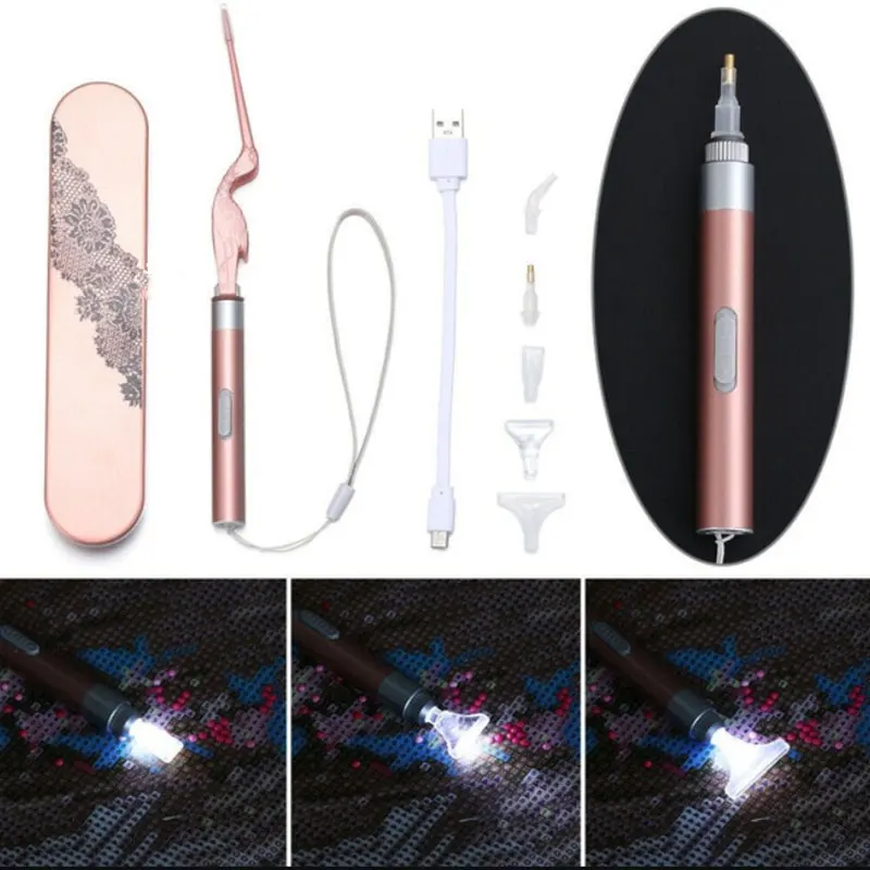

1 Set USB Rechargeable Lighting Point Drill Pen With 5 Heads Diamond Painting Tools