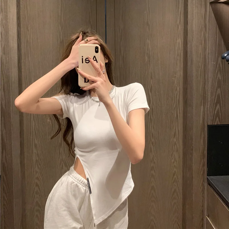 Женская футболка с круглым вырезом и коротким рукавом летний облегающий топ