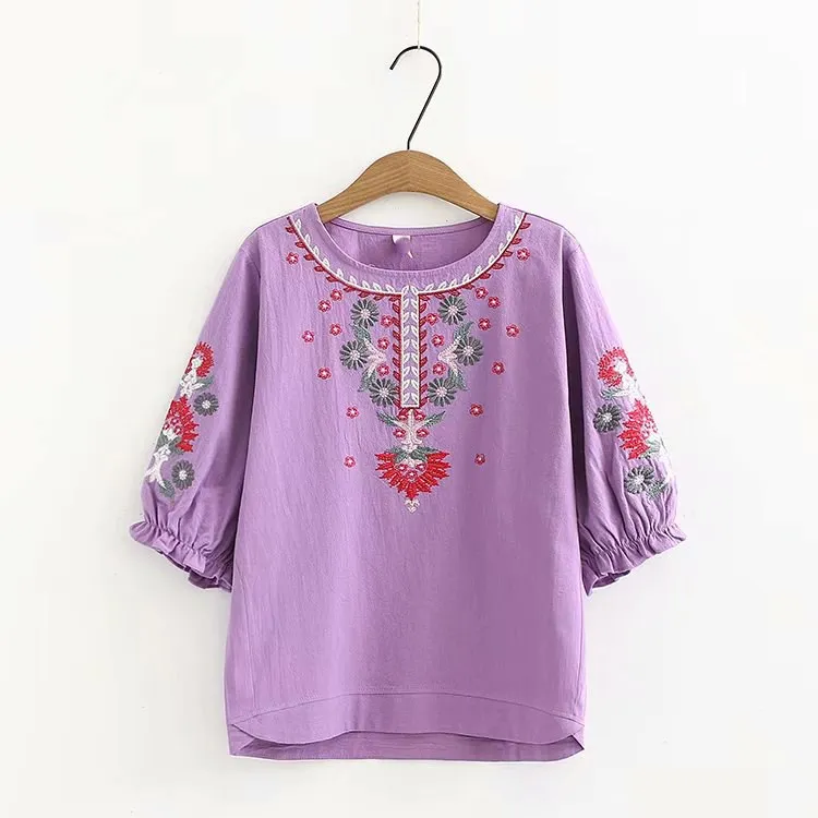 Женская винтажная блузка с цветочной вышивкой Повседневная Свободная пляжная