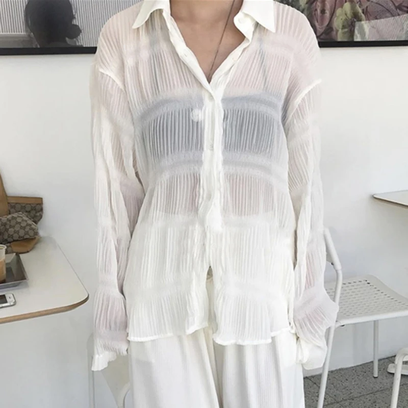 New 2020 Summer Spring Korea Style Hollow Out Turn-down Collar Full Sleeve Single Breasted Women Loose Shirt Z932 |