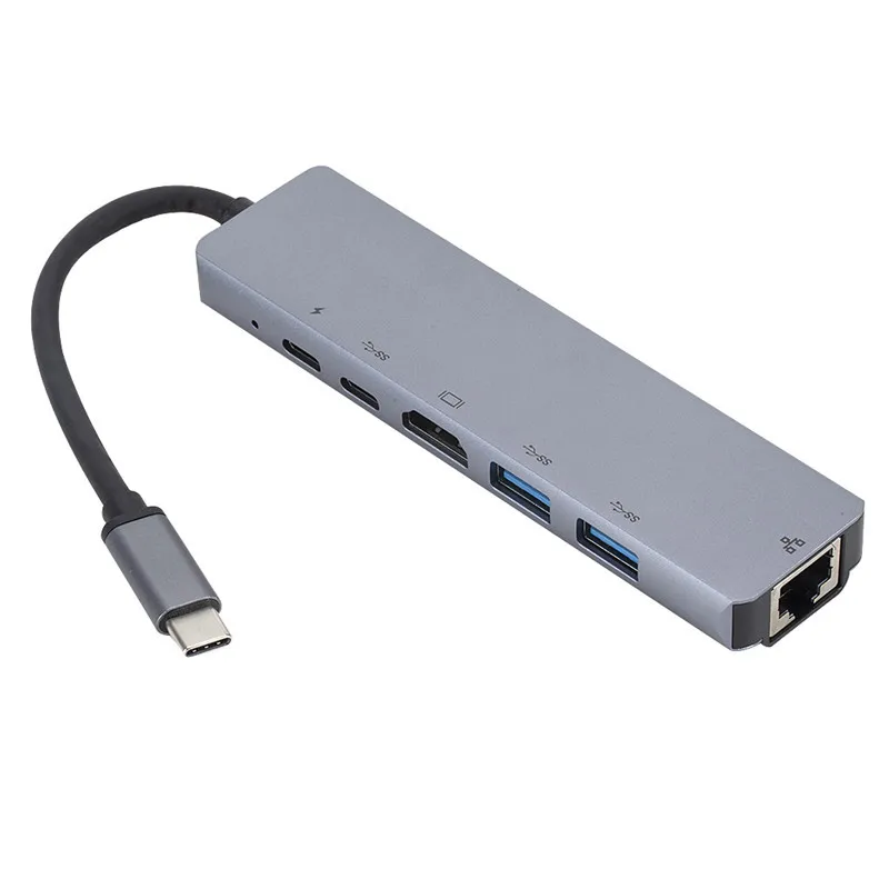 

6 в 1 Тип-c док-станция для совместимому с HDMI концентратор гигабитный сетевой карты RJ45 + PD зарядка USB многофункциональный концентратор ZT