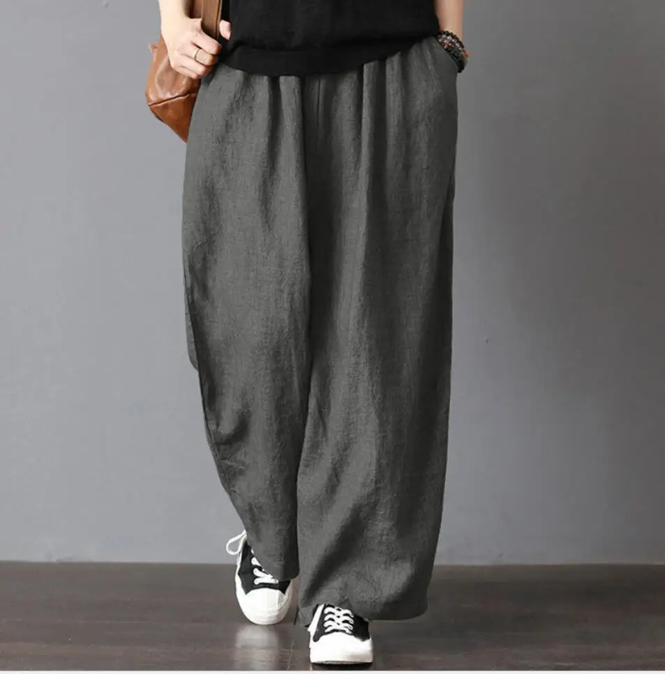 

Size 5XL Women's Casual Loose Wide Leg Pants Vintage Elastic Waist Trousers Casual Cotton Linen Oversized Long Pants Streetwear