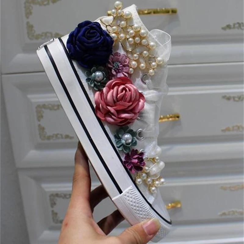 

Spring summer canvas shoes women high help custom three-dimensional sequins flower flat shoes fashion