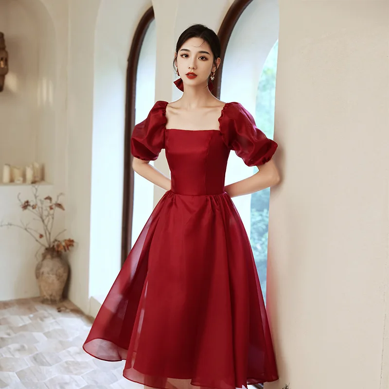 

Mesh-satin Patchwork Qipao Puff Sleeve Strapless Pleated Prom Party Dress Gown Sexy Backless Cheongsam Burgundy Short Vestidos