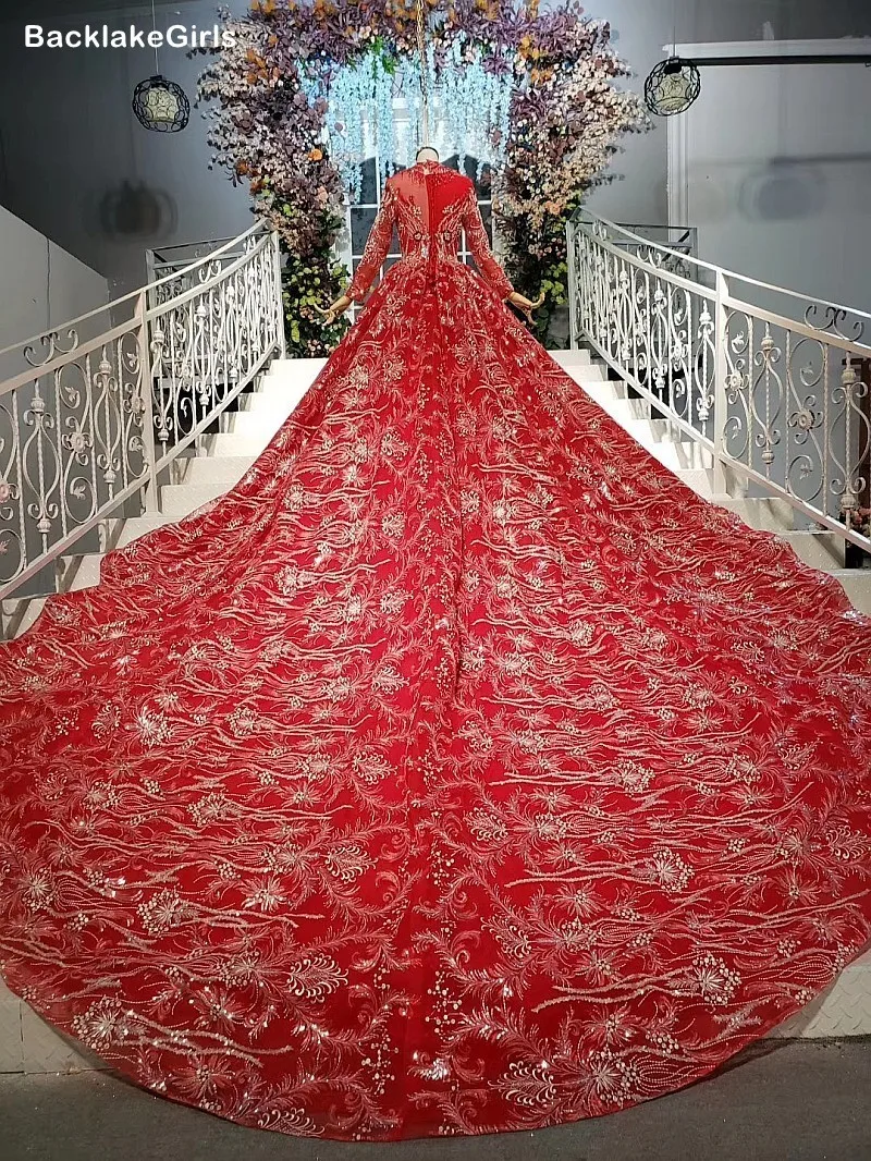 2020 Белое кружево из аппликаций красное свадебное платье Милая шея полный рукав