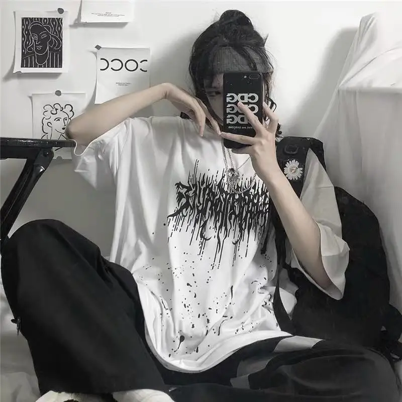 Панк готические футболки свободные уличные Harajuku с буквенным принтом летние