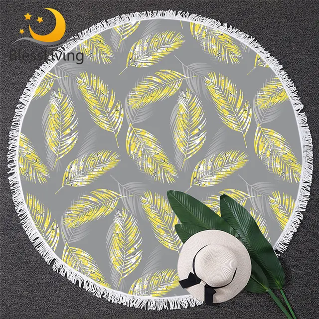 BlessLiving Feather Round Beach Towel Yellow Grey Circle Yoga Mat 1pc Modern Bath Towel Toalla Vivid Bohemian Blanket Dropship 1