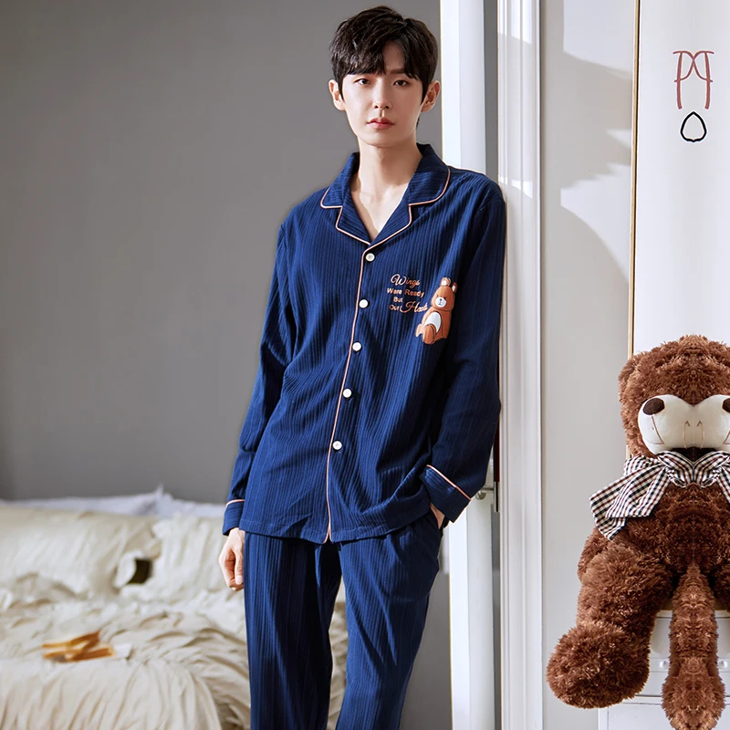 

Зимняя теплая Хлопковая пижама с длинным рукавом, Мужская одежда для сна с отложным воротником, мультяшный медведь, Мужская домашняя одежда