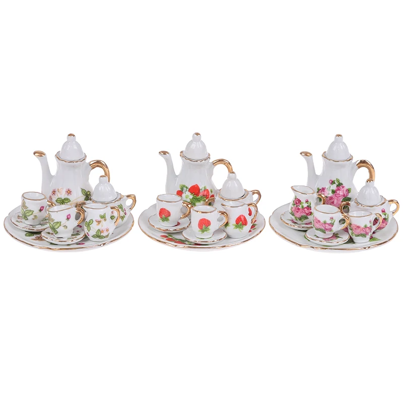 

8pcs Dollhouse Miniature Restaurants Goods Porcelain Tea Set Plate Cup Plate Flower Print Dollhouse Furniture Accessories Toys