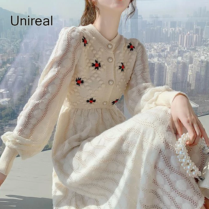 

Женское трикотажное платье-свитер Unireal, винтажное модное платье-свитер с длинным рукавом и цветочной вышивкой, Осень-зима 2022