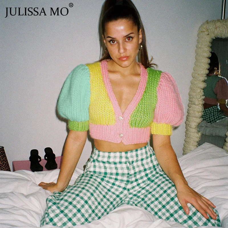 

Женский укороченный топ JULISSA MO, с V-образным вырезом и короткими рукавами, Летняя трикотажная футболка на пуговицах, сексуальный стиль, Y2K