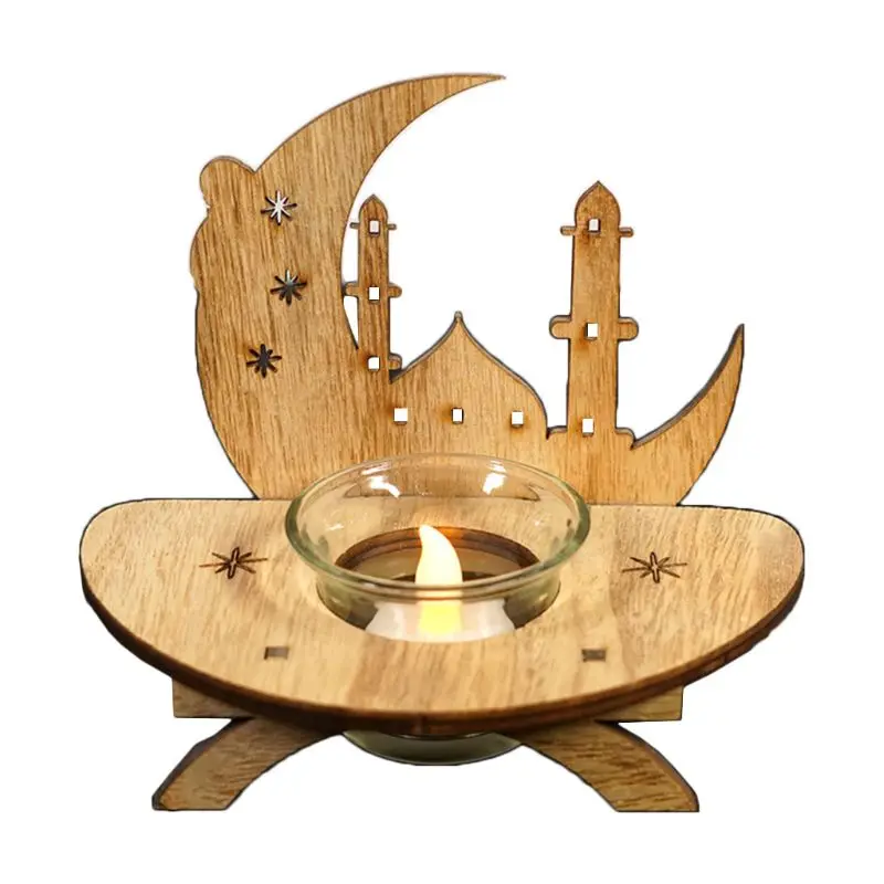 

DIY Wood Eid Mubarak Moon LED Candlestick Light Wooden Decoration Ramadan Home