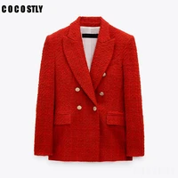 women blazer coat 2021 tweed jacket notched neck double breasted slim tweed blazers suit office lady casual business suit