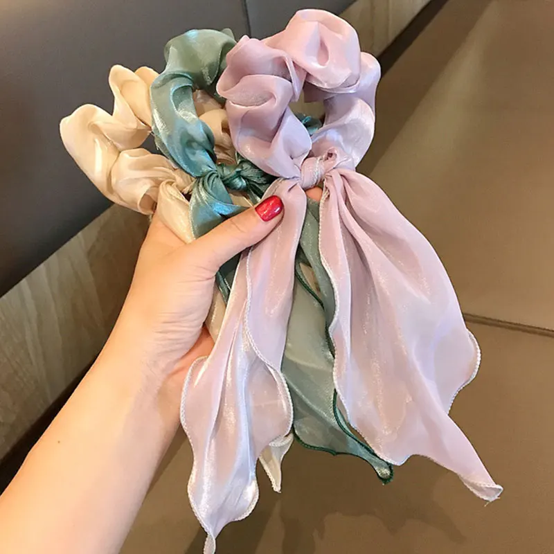 

Satin Long Ribbon Scrunchies For Women Solid Color Hair Rope Ponytail Hair Tie Girl's Rubber Bands Elegant Elastic Scrunchy