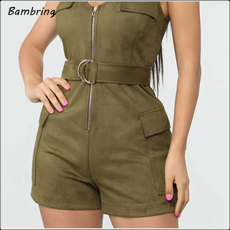 

Women Sleeveless Faux Suede Leather Jumpsuit With Belt Olive Green Summer Fashion Short Rompers Pocket Lady Overalls 2020 Custom