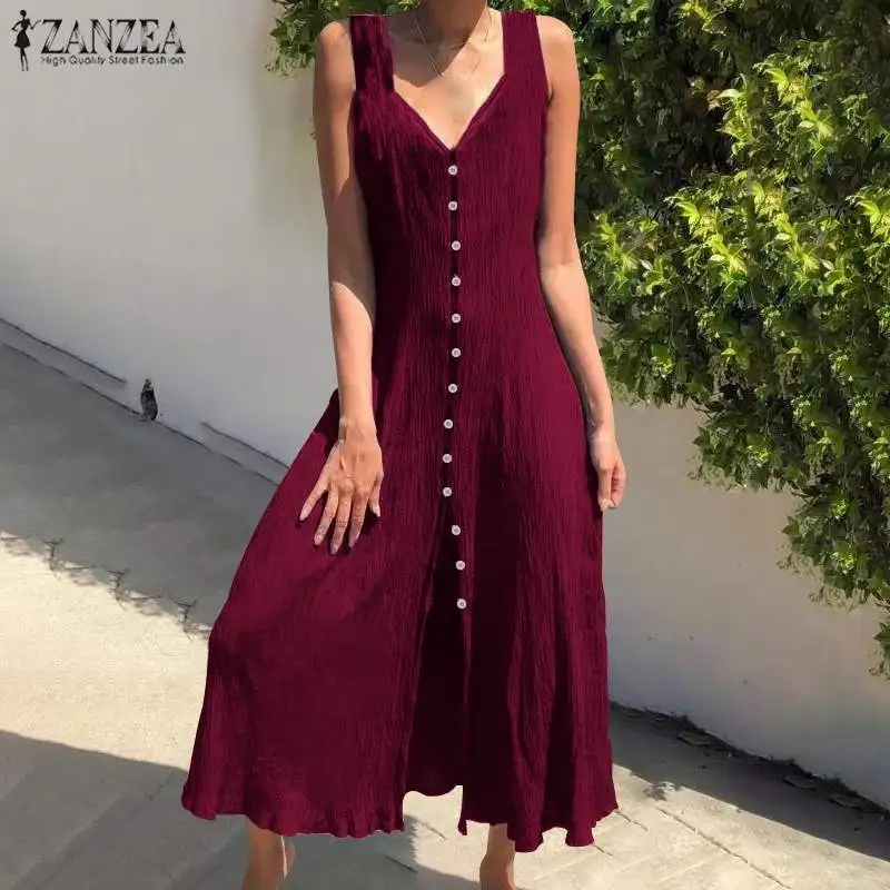 ZANZEA, летнее женское платье, элегантное, однотонное, длинный жилет, Vestidos, на пуговицах, v-образный вырез, Vestidos, сексуальное, с разрезом, длинное, макси, сарафан, 7