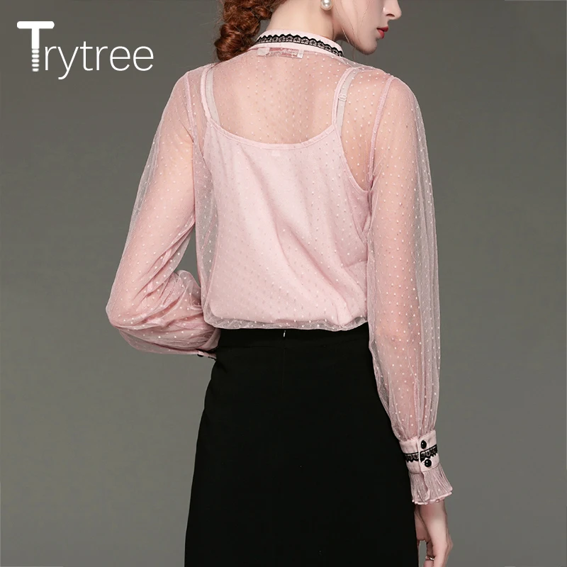 Ttytree, женские осенние повседневные блузки с кружевным бантом, однобортный, в горошек, с оборками, с рукавом-фонариком, блузка+ жилет, офисные женские топы