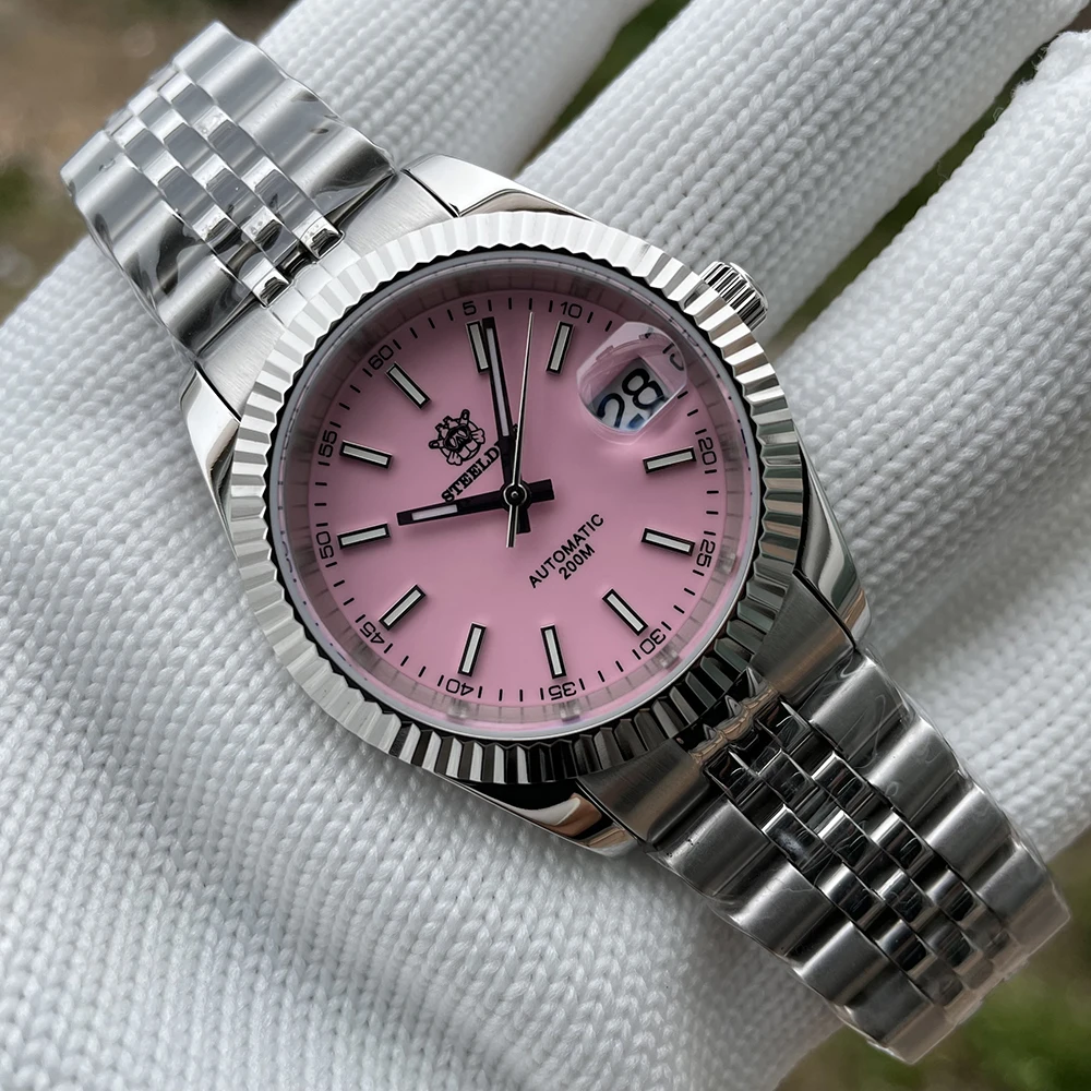 Steeldive SD1933 Pink Water Ghost Watch 200m Waterproof Sapphire NH35 Automatic Mechanical Watch Jubilee Bracelet