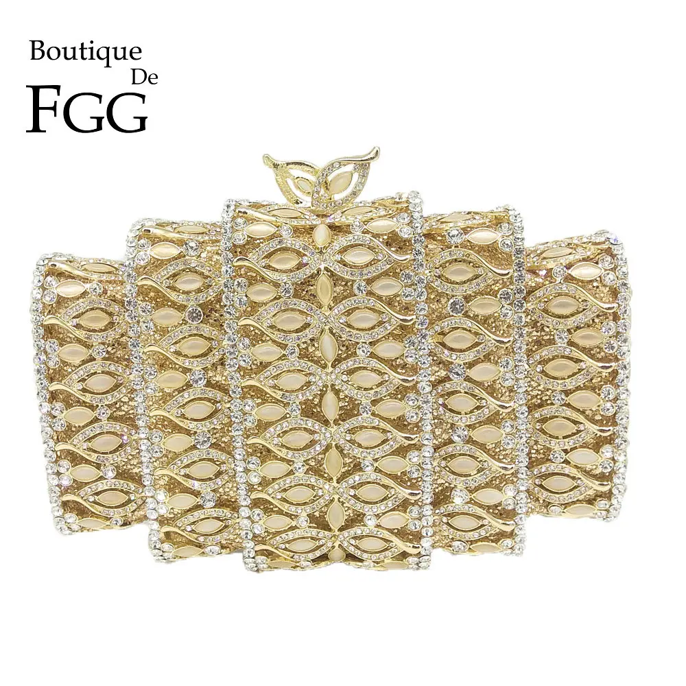 

Boutique De FGG Dazzling Gold Crystal Women Evening Bags Hollow Out Stones Beaded Wedding Clutch Bridal Diamond Minaudiere Purse