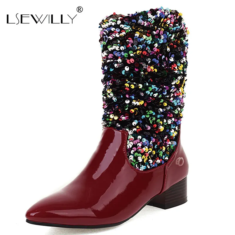 

Lsewilly New Fashion Pointed Toe Chunky Heels Sequins Slip On Women Mid Calf Boots Fashion Stylish color Casual Ladies Shoes