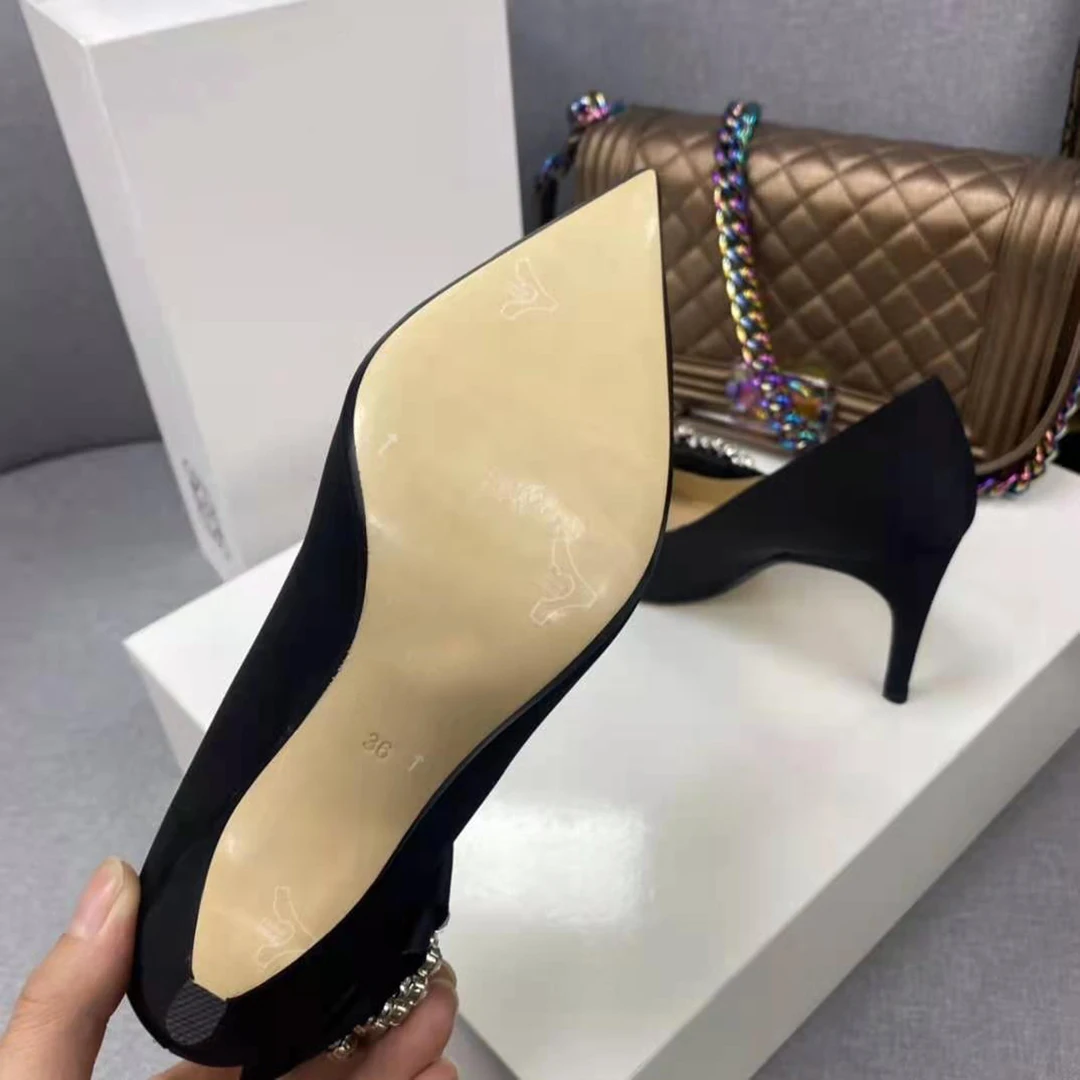 

Vallu 2021 spring and summer new leather outsole large crystal buckle fashion all-match high-heeled pointed women's shoes