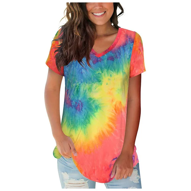 

Summer Tshirt Women Tie Dye Printed Short Sleeve Tops Women 2021 Streetwear Hip Hop Style V-Neck Shirts Women Casual Loose Tee