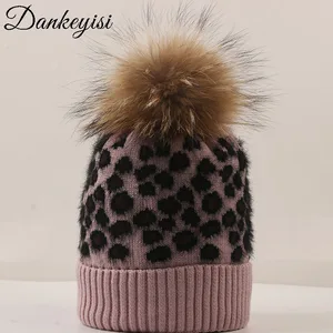 Зимние теплые вязаные шапки DANKEYISI, женская шапка с помпоном из натурального меха енота, Женская плотная зимняя шапка для женщин, Шапка-бини
