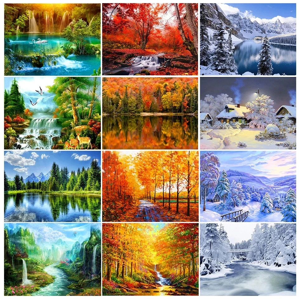 

5D Mountain Forest Creek Changing Seasons Diamond Painting Landscape Diamond Embroidery Painting Full Square Round Rhinestone