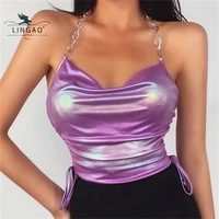 2021 summer new chain halter crop top women sexy club pu leather cami purple drawstring side casual backless camisole streetwear