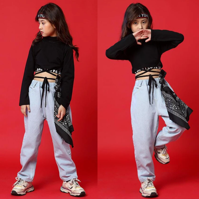 Детская одежда для выступлений в стиле хип хоп черная укороченная толстовка