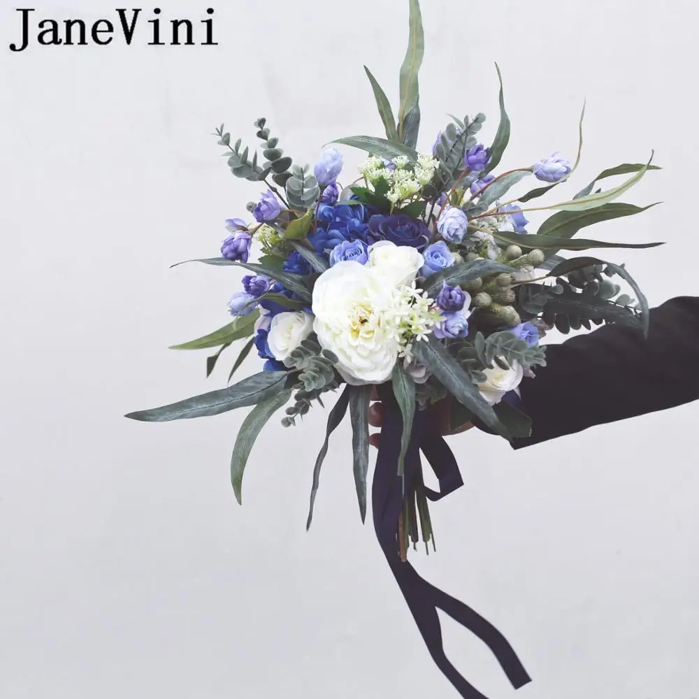 JaneVini винтажный синий белый свадебные букеты 2019 Свадебный Шелковый букет с