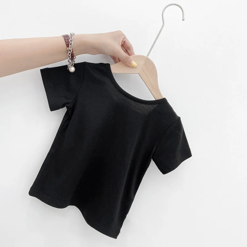 

Summer Baby Girl Cotton T-Shirt Bow Solid Color Blouse Princess Round Collar Round Collar Top Kid Children Infant Clothes