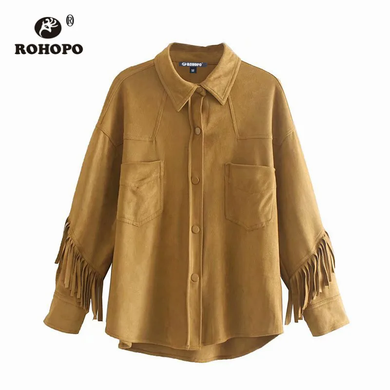 ROHOPO/однотонная замшевая кремовая блузка с кисточками на спине и рукавах осенние