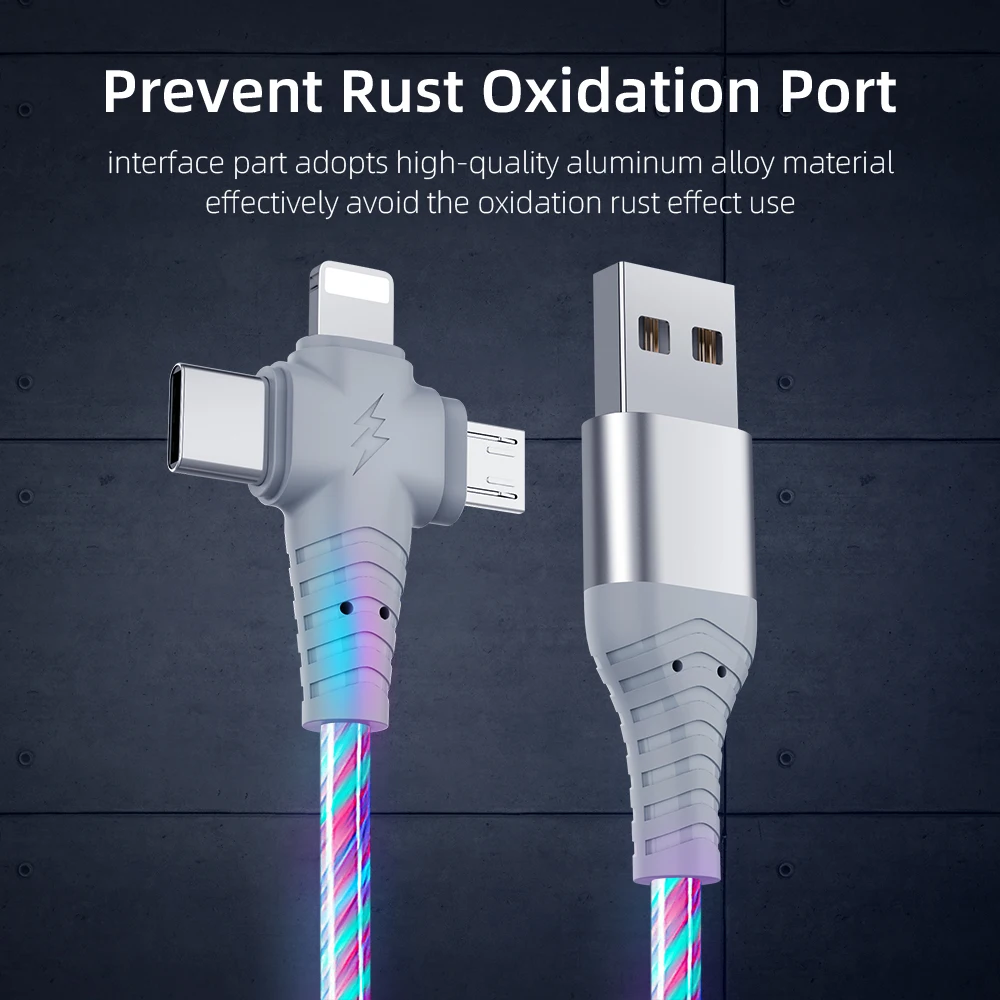 

3in1 Flow Luminous Lighting usb cable for iPhone 12 11 Pro 3 in 1 2in1 LED Micro USB Type C 8Pin charger Wire for Huawei Xiaomi