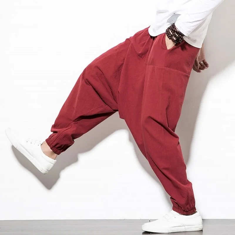 Брюки шаровары мужские свободного покроя хлопково льняные штаны с эластичным