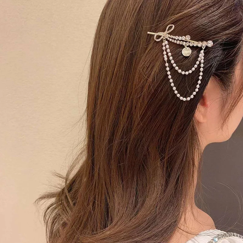 

New Bow Pearls Chain Barrettes Hairpins For Women Rhinestone Hair Clips Headband Ponytail Hair Accessories Korean Style Sweet