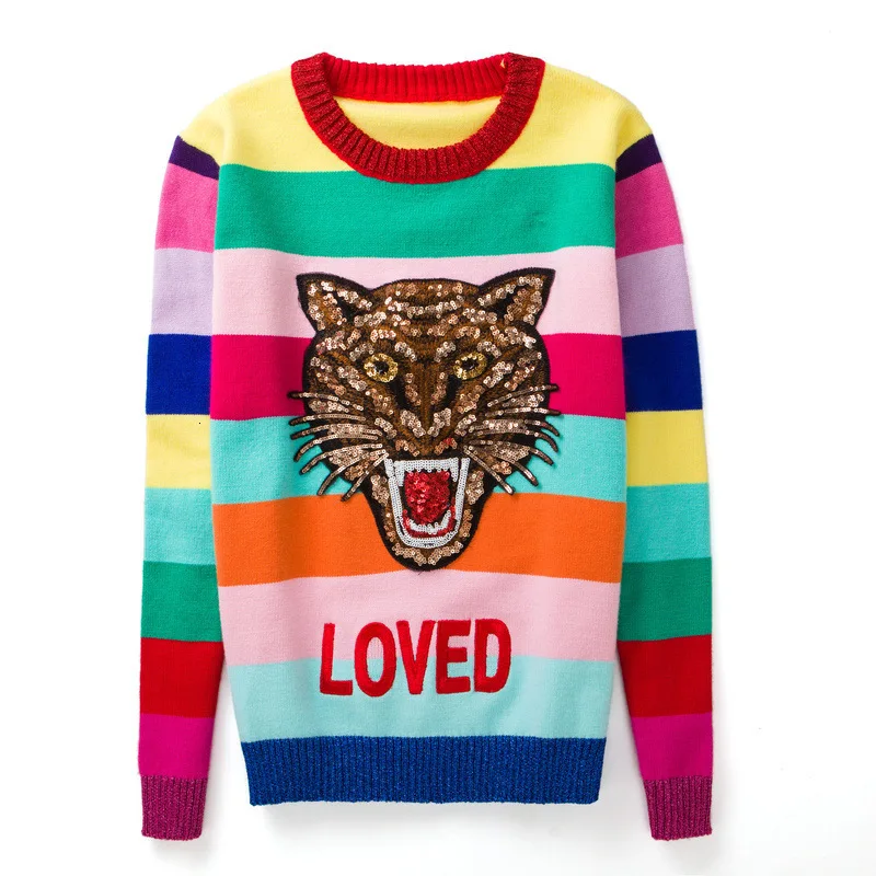 Women Sweater Rainbow Striped Unisex Runway Floral Embroidery Tiger Wool Pullovers Knitted Sweaters Letters Pull Femme Men Tops | Женская