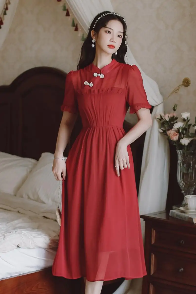 

COIGARSAM Cheongsam Women dress Dresses Red Y1516