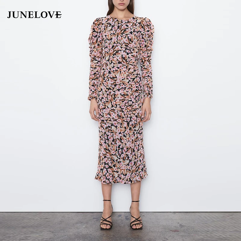 Женское платье макси с длинным рукавом JuneLove винтажное длинное Драпированное