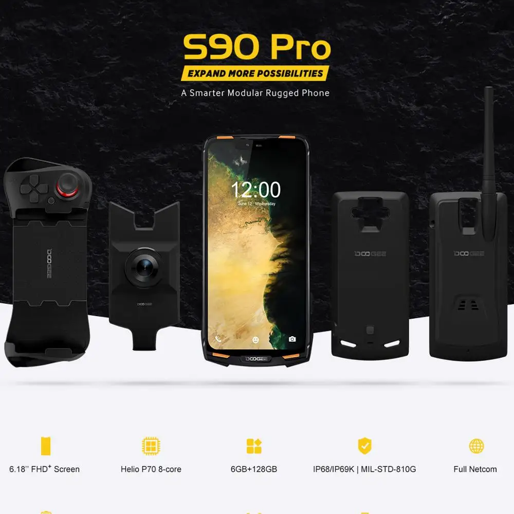 Doogee S90 Pro Helio P70 Восьмиядерный мобильный телефон 6 ГБ 128 ГБ модульный 6,18 FHD+ дисплей IP68/IP69K 4G LTE прочный смартфон