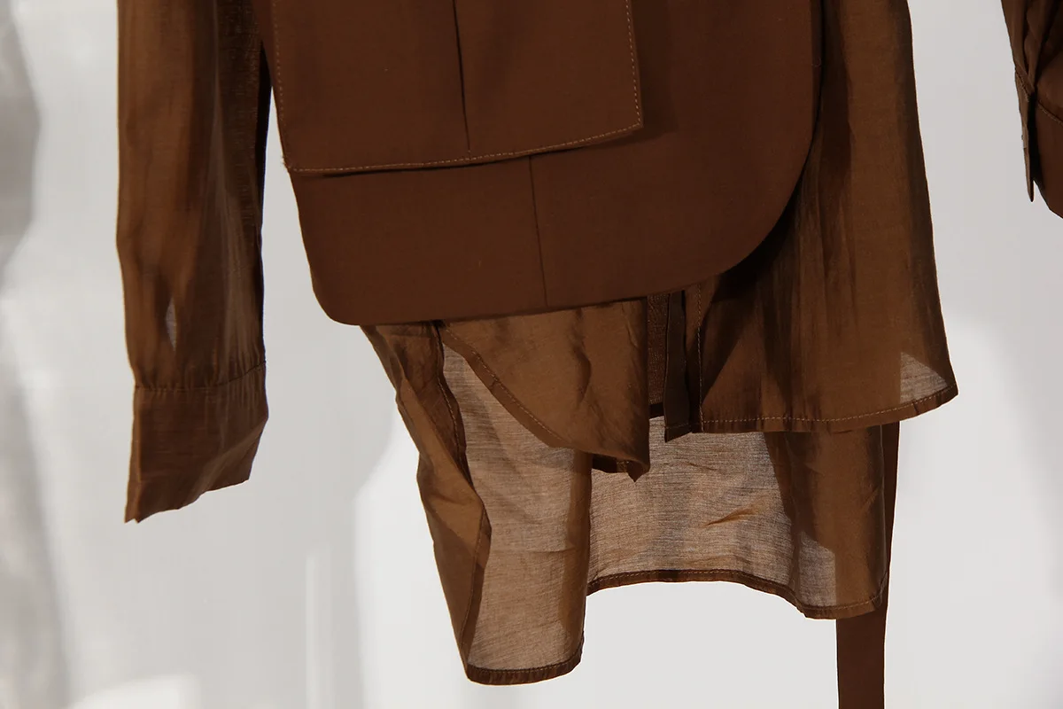 

[DEAT] Stand Collar Coffee Color New British Style Vest Long Sleeve Shirt Two Piece Set For Women 2021 Spring And Summer GX1119