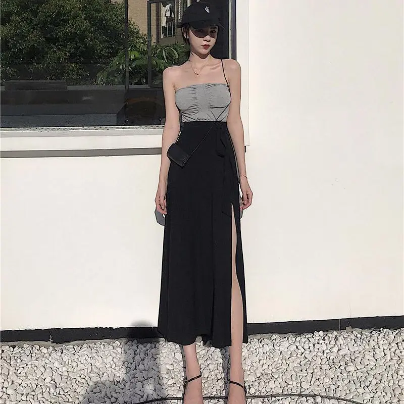 

Skirts Womens Summer Solid Bow Side-Slit Mid-Calf Sexy Lady High Waist Lacing Up Casual Loose Elegant Feminine Chic Comfy 2020