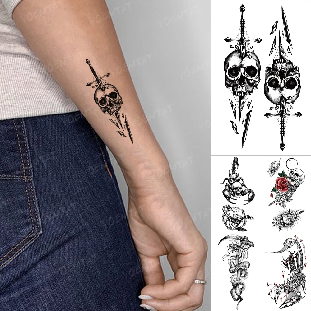 

Transfer Waterproof Temporary Tattoo Stickers Skull Scorpion Snake Cross Sword Flash Tatto Women Men Wrist Body Art Fake Tatoo