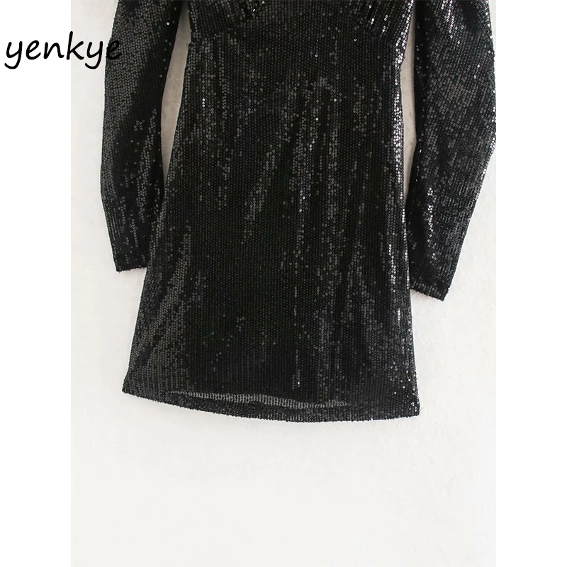 

Fashion Women Sequin Dress Lady Puff Sleeve V Neck A-line Mini Dress Sexy XNGC9623