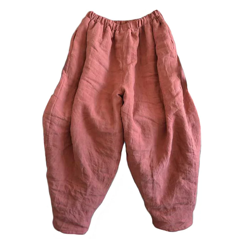 

Women Winter Wide Leg Pants Cotton Linen Warm Trouser Solid Color Elastic Waist 2020 New Pockets Vintage Female Pants