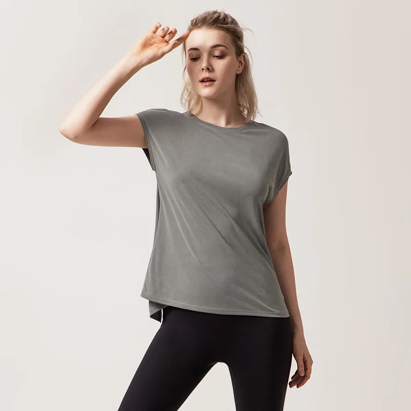 

Sport Shirt Women Loose Fit Modal Yoga Shirts Bat Sleeve Gym Fitness Tee Breathable Back Split Twist Workout Tops Sports Blouse